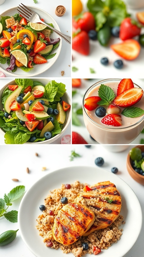 A collage of healthy dishes including salad, smoothie bowl, and grilled chicken with quinoa.